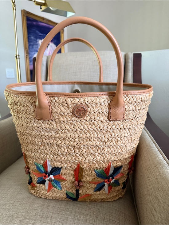 Tory Burch Handbags - Tory Burch Straw Tote with Tan Leather Trim and Multicolor Floral Tassels
